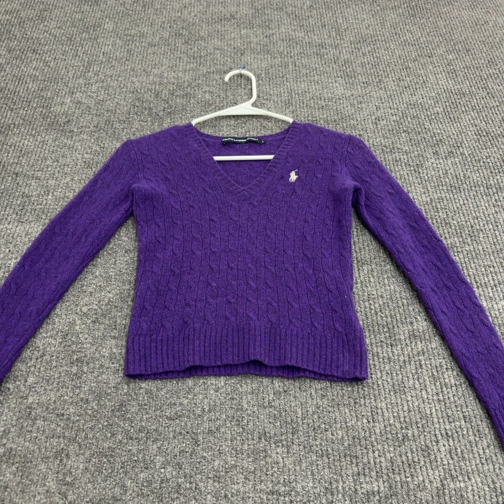 Ralph Lauren Sport Sweater Womens S Purple Lambs Wool Cable Knit V Neck Preppy
